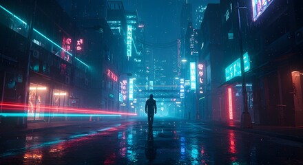 Urban loneliness a solitary figure walks through a vibrant neon city at night creating a
