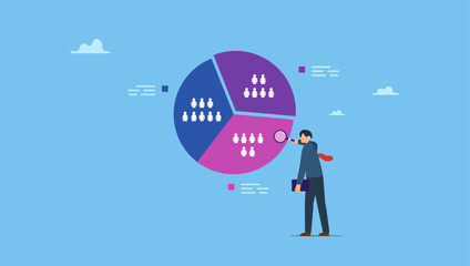 Businessman analyzing customer segment pie chart. Customer segment analysis for marketing or advertising concept, target audience, consumer or user group.