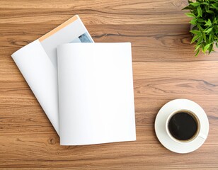 Magazine & Book Mockup Flat Lay: Blank Covers on Minimalist Wooden Table. Publishing, Branding & Coffee Concept