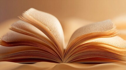 Open book with slightly curled pages rests on a soft, pale surface, bathed in warm, diffused light, creating a serene and inviting atmosphere