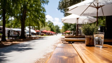 farmers market with community music, outdoor seating and food trucks