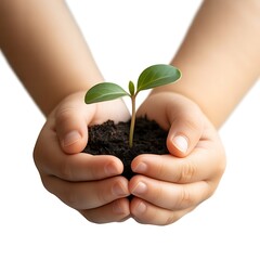 Child’s hands gently holding soil with a green seedling, symbolizing growth, sustainability, and environmental care. Isolated on white background.