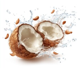 A halved coconut, its white flesh exposed, is dynamically splashed with water and surrounded by scattered coconut pieces against a stark white background
