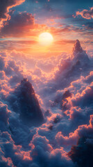 A majestic surreal skyscape with mountain peaks piercing through dramatic clouds during a vibrant sunset, a heavenly and ethereal background.