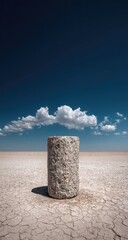 A weathered cylindrical stone stands alone in a vast, cracked desert landscape under a single, low-hanging cloud against a deep blue sky