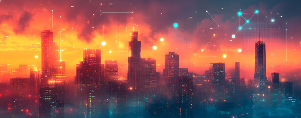 Futuristic smart city skyline with glowing network connections at sunset. Surreal digital illustration background.