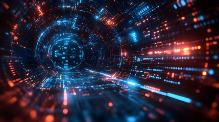 Flying through a futuristic technology tunnel of digital data streams. Abstract background with retro gaming style aesthetics.