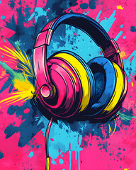 Colorful headphones illustration in a vibrant street art style. Abstract paint splatter background for music streaming and audio concepts.