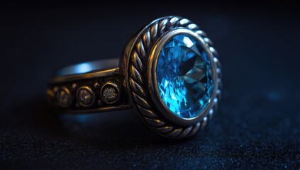 Close-up of a ring, featuring a large, vibrant blue gemstone