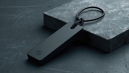 Sleek, matte-black rectangular keychain with a minimalist design, resting on a dark gray stone.  A simple, dark cord forms a loop