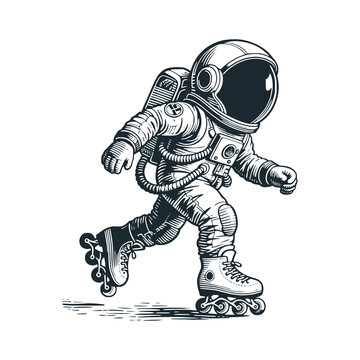 Astronaut on roller skates. Black white vector illustration.