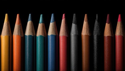 Close-up of a row of sharpened colored pencils against a stark black background, showcasing a variety of vibrant and muted hues