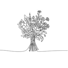 Continious line art Flower Bouquet Line Drawing – Minimalist Black and White Floral Illustration for Romantic and Decorative Use
