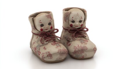 A 3D-rendered cursed doll booties on a white background