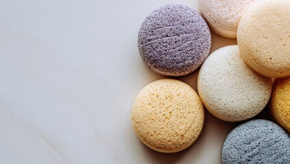 Colorful round sponges arranged on a light surface