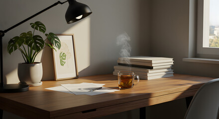 Serene workspace bathed in gentle sunlight, featuring tea, books, and a plant for a calming