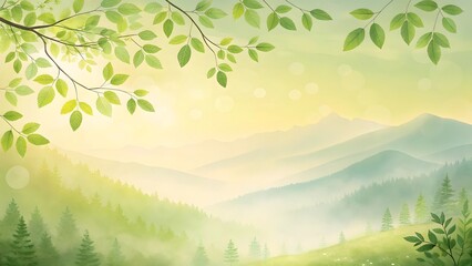 Obraz premium Serene misty mountain landscape with lush green foliage and soft sunlight