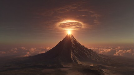 A 3D volcano with a glowing golden sun disk above its peak