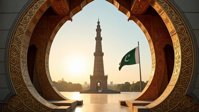 Minar e pakistan and pakistan flag seen through ornate archway at sunrise in lahore pakistan