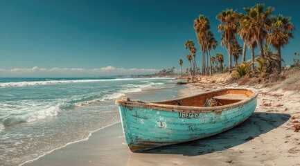 Weathered teal boat rests on a sandy beach, next to a row of palm trees and a tranquil ocean