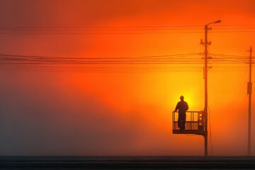 Man working on power lines at sunset