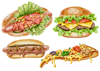 Set of hotdogs, pizza and burger. Collection of watercolor illustrations. Fast food hand-drawn realistic illustration for designing restaurant menus, recipes, food blogs, articles about nutrition