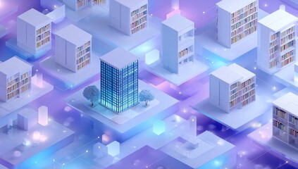 Digital Library City Skyscraper among bookshelves, futuristic data storage