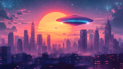 Fototapeta premium Sci-fi cityscape with glowing skyline and hovering flying saucer in pink and blue hues, retro-futuristic urban scene blending modern buildings with alien spaceship design
