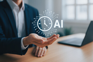 Artificial intelligence and clock symbolize time management and efficiency improving productivity