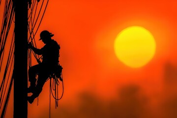 Silhouette of a man working on a utility pole at sunset