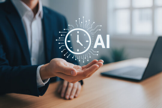 Artificial intelligence and clock symbolize time management and efficiency improving productivity