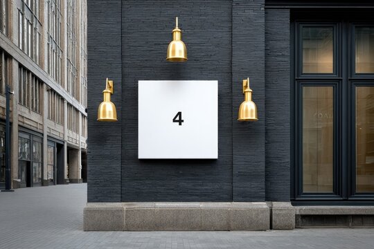 Square sign with number four on dark wall, flanked by gold lights