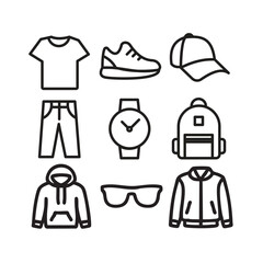 Line Art Icons of Fashion Apparel and Casual Clothing Accessories, Isolated on White Background.