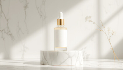 Cosmetic bottle with pipette on white marble podium, 3d render