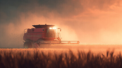 Fototapeta premium Harvesting the Golden Fields: A combine harvester works tirelessly in a sun-kissed field, capturing the essence of rural industry, and golden fields. Capturing the peak of golden hours