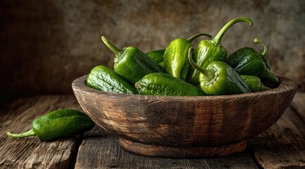 Dark wooden bowl overflowing with vibrant green peppers on rustic wood