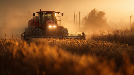 Fototapeta premium Golden Harvest: An agricultural machine tirelessly harvests the sun-kissed crops in a field, as the golden light of dawn embraces the countryside.