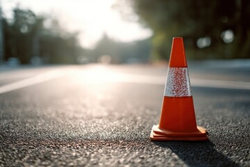 Lone traffic cone on asphalt road, sunset, trees blurred background; roadwork