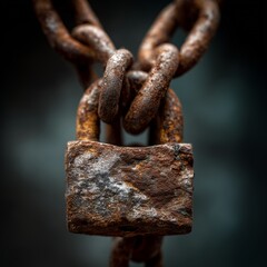 Rustic Bond: A close-up shot of an aged, heavily rusted padlock securing a matching chain, evoking themes of security, constraint, and the passage of time.