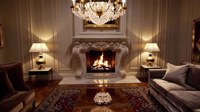 Step into an opulent living room featuring a grand fireplace under a sparkling chandelier. This video reveals elegance, warmth, and refinement in classic interior design. 