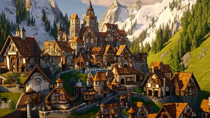 Medieval village nestled in alpine valley - Powered by Adobe