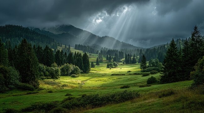 Sunbeams pierce dark clouds illuminating a verdant valley (1)