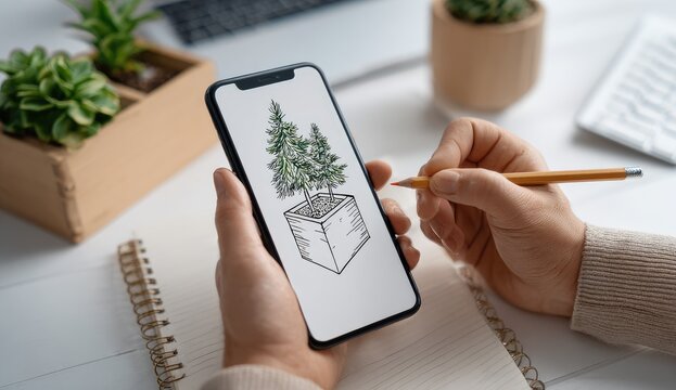 Hands holding phone, drawing a plant in a pot