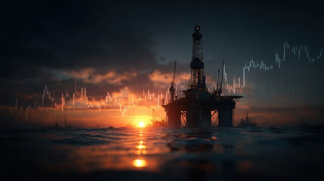 Oil Rig at Sunset with Graph Overlay and Waves in the Foreground