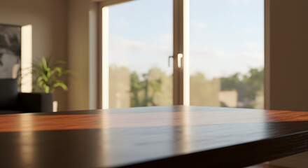 Fototapeta premium Sunlit serenity: a polished wooden table stands before a sun-drenched window view