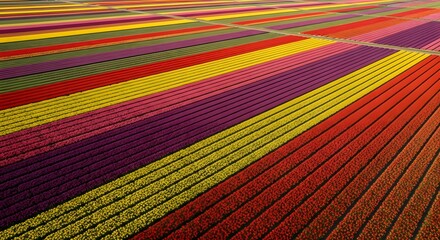 Aerial view showcases vibrant, colorful rows of blooming tulips in a field.