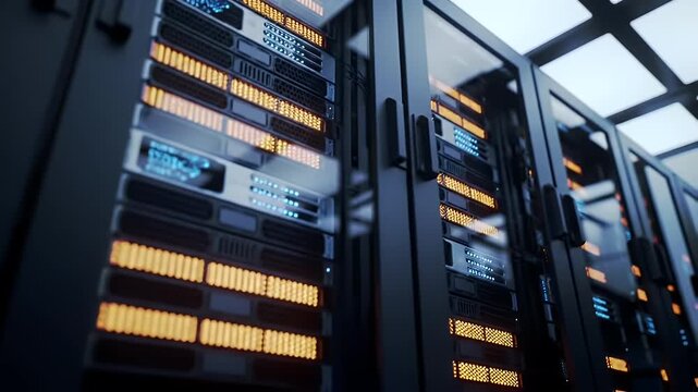 Black Server Room with Glass Doors and Glowing Orange and Blue Lights