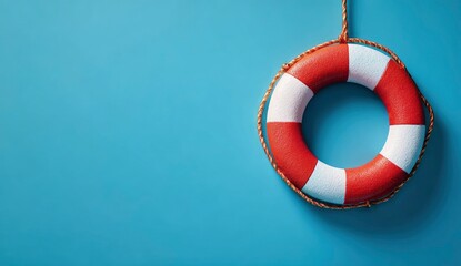 Lifebuoy hangs on blue background; safety, rescue concept