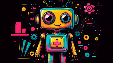 Modern cartoon robot with colorful geometric design and glowing speech bubble containing a plus symbol, playful sci-fi illustration on dark background