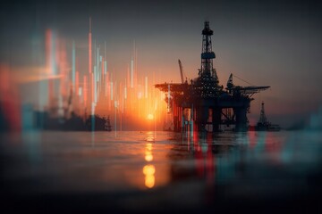 Obraz premium Sunset Over Oil Rig Platform with Financial Data Background